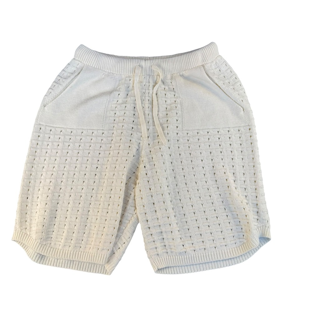 BoohooMAN Mens XL Cream Knit Pointelle Shorts Drawstring Waist Off‎ White Casual